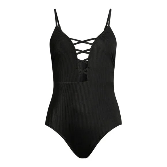 Lace Up One Piece Swimsuit, Black - Picture 5 of 6